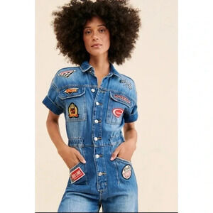 Free People x Tricia Fix Reworked Denim Coveralls Overalls Jean Patch Large
